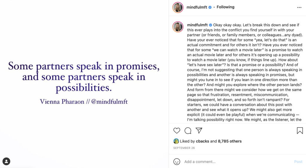 Marriage and family therapist Vienna Pharaon (@mindfulmft) uses her Instagram platform to share relationship advice.